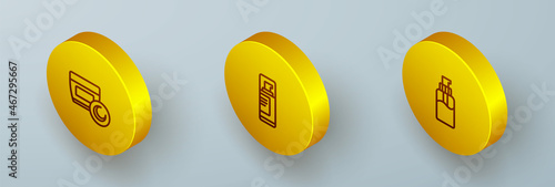 Set Isometric line Cream or lotion cosmetic tube, Shaving gel foam and Bottle of liquid soap icon. Vector