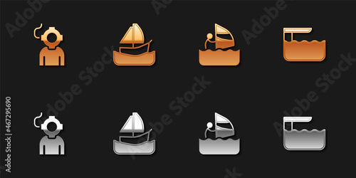 Set Aqualung, Yacht sailboat, Windsurfing and Diving board or springboard icon. Vector