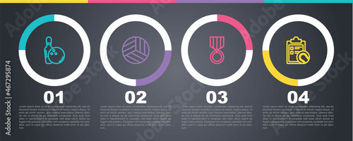 Set line Bowling pin and ball, Volleyball, Medal and Checklist clipboard tennis. Business infographic template. Vector