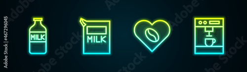 Set line Bottle with milk, Paper package for, Coffee Lovers and machine. Glowing neon icon. Vector