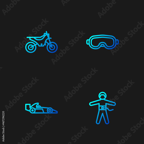 Set line Bungee jumping, Formula 1 racing car, Mountain bike and Ski goggles. Gradient color icons. Vector
