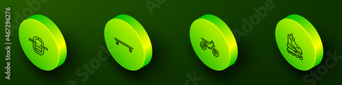 Set Isometric line Rafting boat, Longboard or skateboard, Mountain bike and Roller icon. Vector