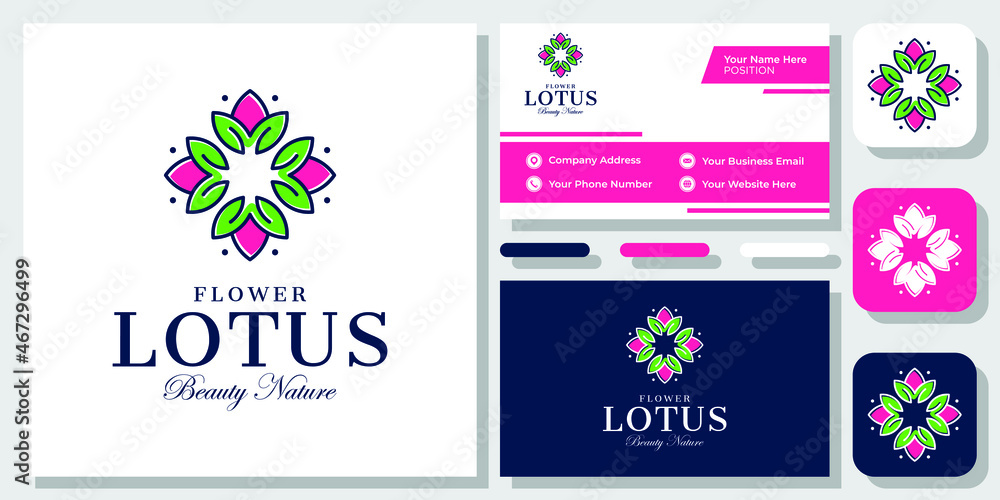 Flower Lotus Beauty Nature Yoga Organic Rose Plant Wellness Logo Design with Business Card Template