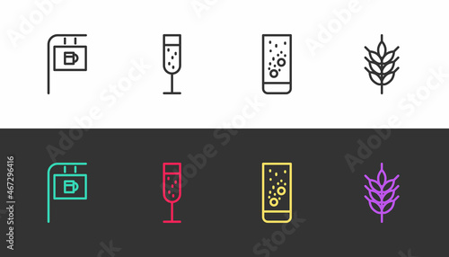 Set line Street signboard with Bar, Glass of champagne, Effervescent tablets in water and Hop on black and white. Vector