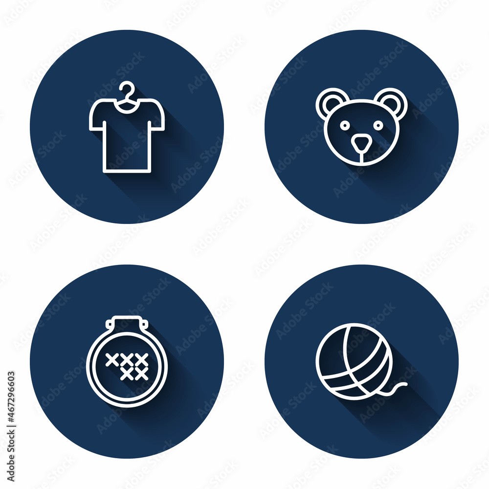 Set line T-shirt on hanger, Teddy bear plush toy, Round adjustable embroidery hoop and Yarn ball with long shadow. Blue circle button. Vector Set line T-shirt on hanger, Teddy bear plush toy, Round adjustable embroidery hoop and Yarn ball with long shadow. Blue circle button. Vector