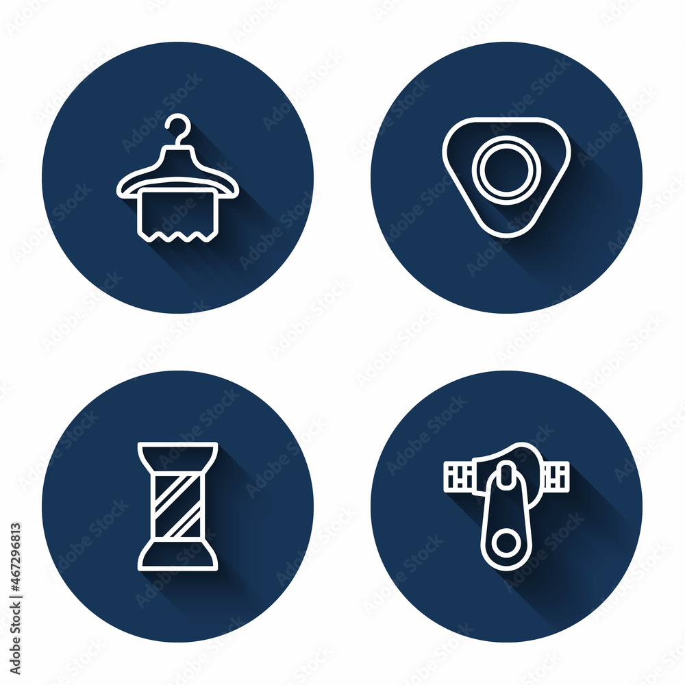 Set line Hanger wardrobe, Sewing chalk, thread on spool and Zipper with long shadow. Blue circle button. Vector Set line Hanger wardrobe, Sewing chalk, thread on spool and Zipper with long shadow. Blue circle button. Vector