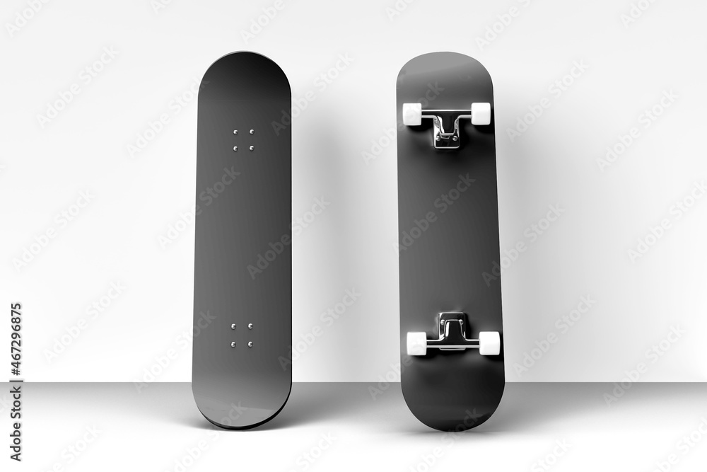 Empty blank black skateboard Mock up isolated on a grey background. 3d  rendering. Stock Illustration | Adobe Stock