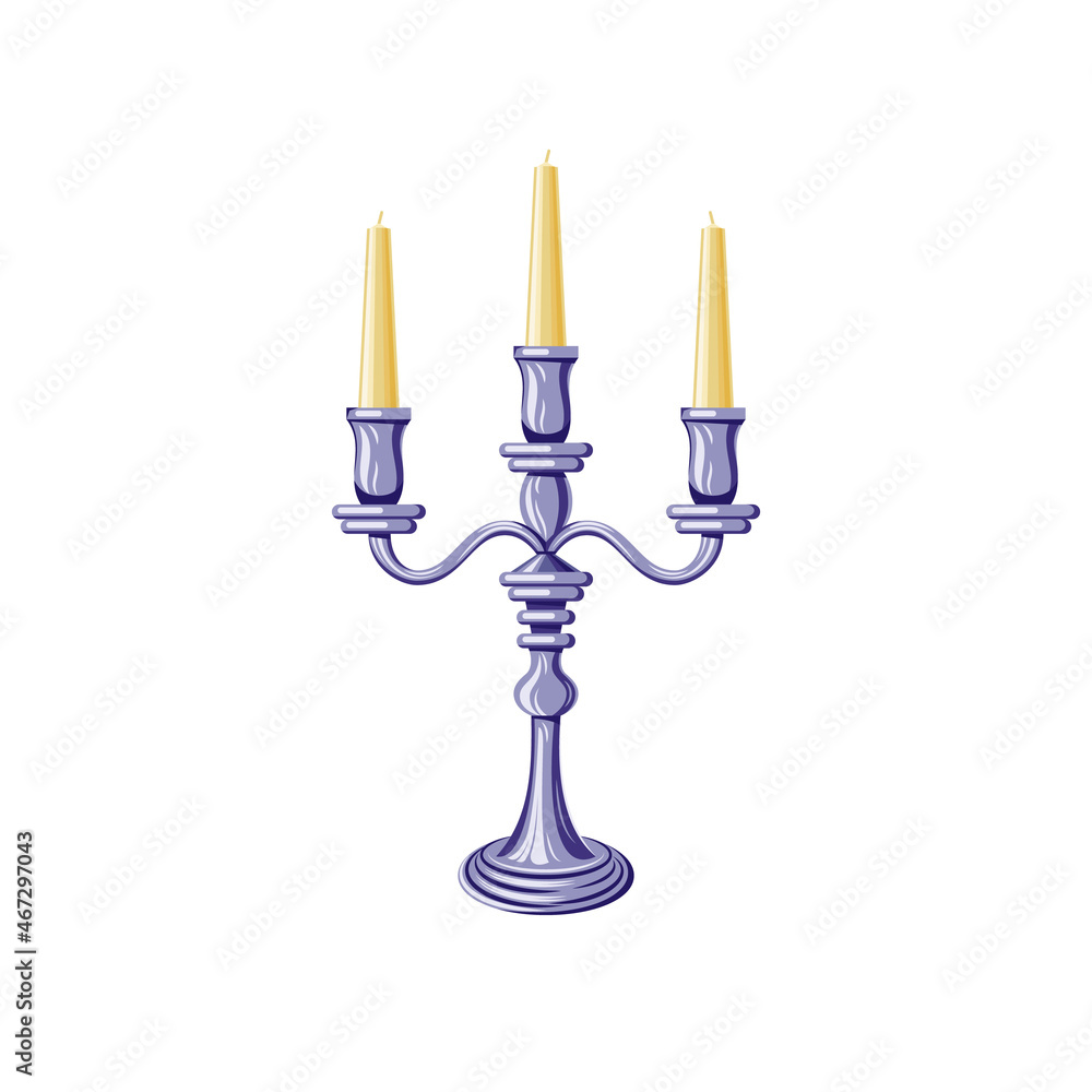 Flat illustration of candle in a candlestick on white background. Image made in yellow and gray-violet colors. Idea for a poster, sticker, postcard, book, web design and so on. Flat illustration of candle in a candlestick on white background. Image made in yellow and gray-violet colors. Idea for a poster, sticker, postcard, book, web design and so on.