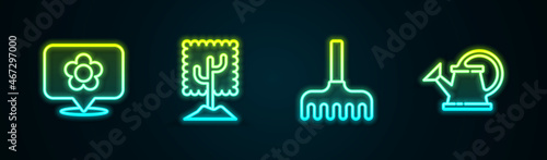 Set line Location with flower, Tree, Garden rake and Watering can. Glowing neon icon. Vector