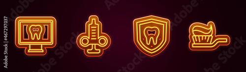 Set line Online dental care, Syringe, Dental protection and Toothbrush with toothpaste. Glowing neon icon. Vector