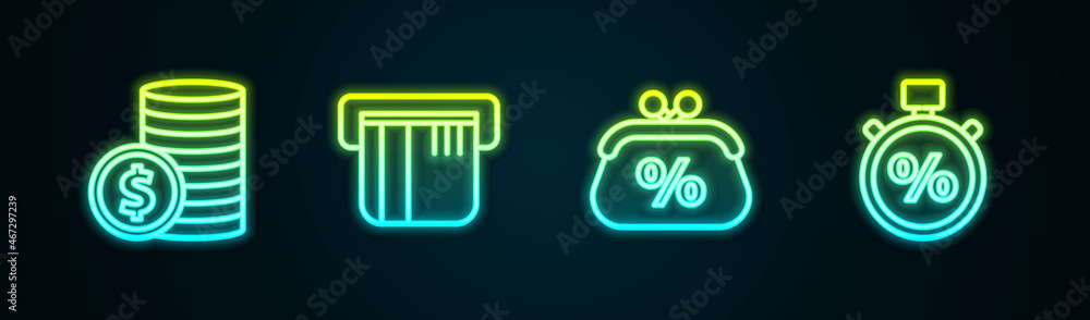 Set line Coin money with dollar, Credit card, Purse percent and Stopwatch and. Glowing neon icon. Vector Set line Coin money with dollar, Credit card, Purse percent and Stopwatch and. Glowing neon icon. Vector
