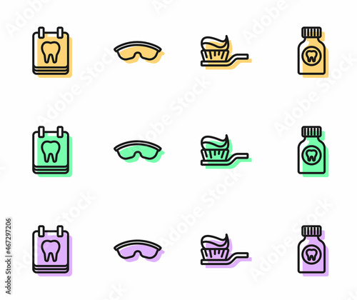 Set line Toothbrush with toothpaste, Calendar, Safety goggle glasses and Toothache painkiller tablet icon. Vector