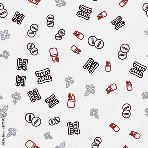 Set line Dentures model, Toothache painkiller tablet, Syringe and Toothbrush and toothpaste on seamless pattern. Vector