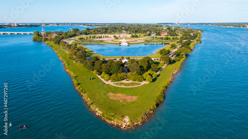 Photos An aerial view of Sunset Point on the Western coast of Belle Isle Park in Detroit, Michigan
