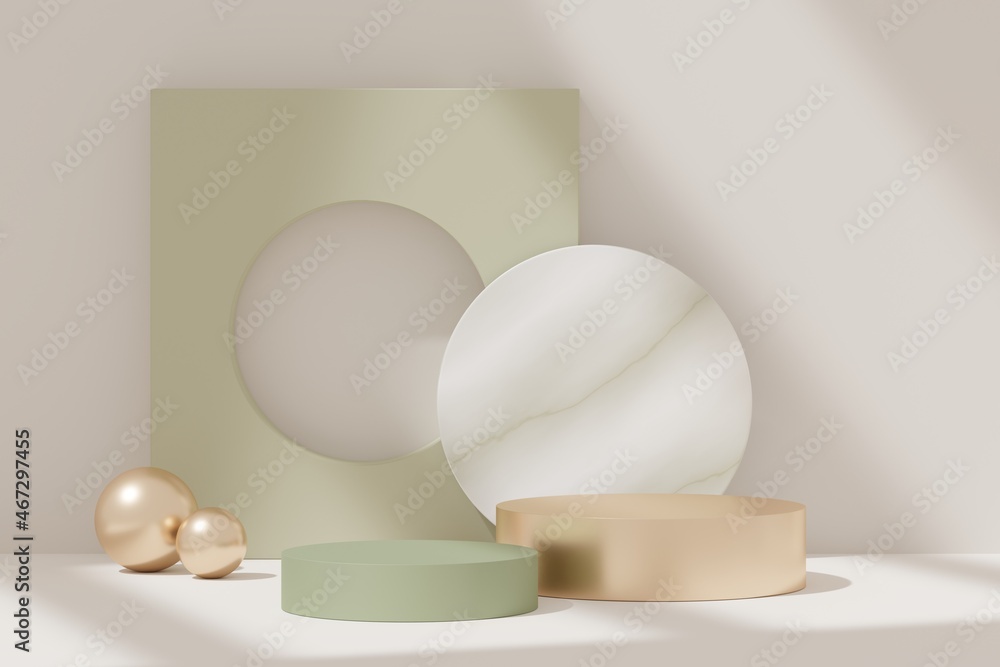 3d abstract background premium golden green podium for product presentation and brand advertising with shadow of windows and roof. Empty scene for mock up. 3d abstract background premium golden green podium for product presentation and brand advertising with shadow of windows and roof. Empty scene for mock up.