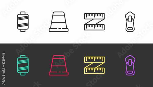Set line Sewing thread, Thimble for sewing, Tape measure and Zipper on black and white. Vector