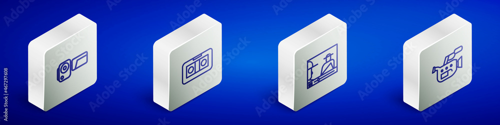 Set Isometric line Cinema camera, VHS video cassette tape, Online play and icon. Vector