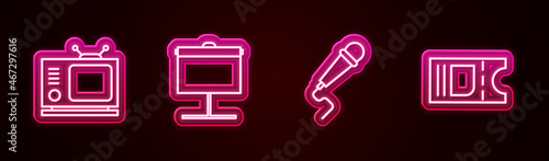 Set line Retro tv, Projection screen, Microphone and Cinema ticket. Glowing neon icon. Vector
