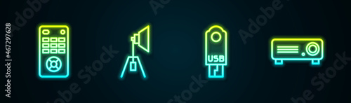 Set line Remote control, Movie spotlight, USB flash drive and Movie, film, media projector. Glowing neon icon. Vector