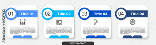 Set line Home stereo with two speakers, Retro tv, cinema camera and Camera shutter. Business infographic template. Vector