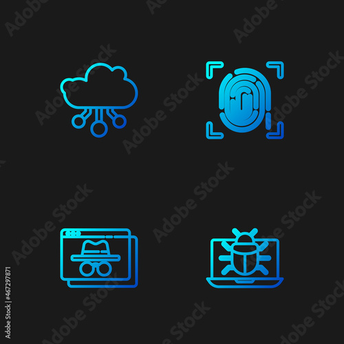 Set line System bug on monitor, Browser incognito window, Internet of things and Fingerprint. Gradient color icons. Vector