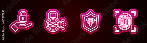 Set line Lock in hand, Cyber security, Shield with WiFi wireless and Fingerprint. Glowing neon icon. Vector