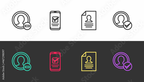 Set line Create account screen, Smartphone, Resume and on black and white. Vector