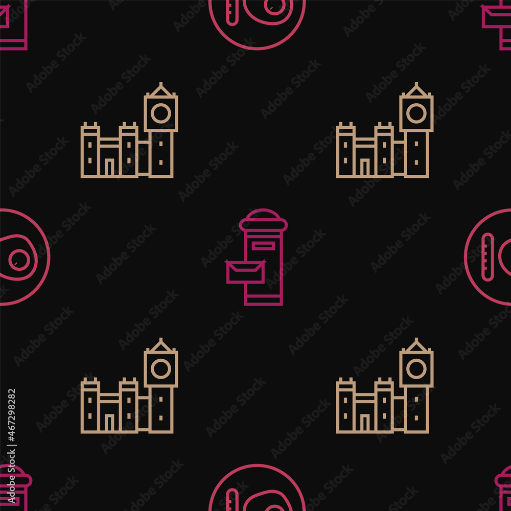 Set line British breakfast, Big Ben tower and London mail box on seamless pattern. Vector