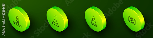 Set Isometric line Slavic pagan idol, Balalaika, The Tsar bell and Russian ruble banknote icon. Vector