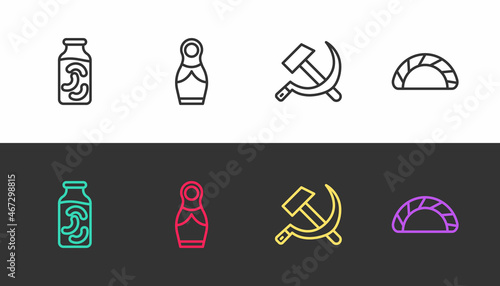 Set line Pickled cucumbers in a jar, Russian doll matryoshka, Hammer and sickle USSR and Dumpling on black and white. Vector