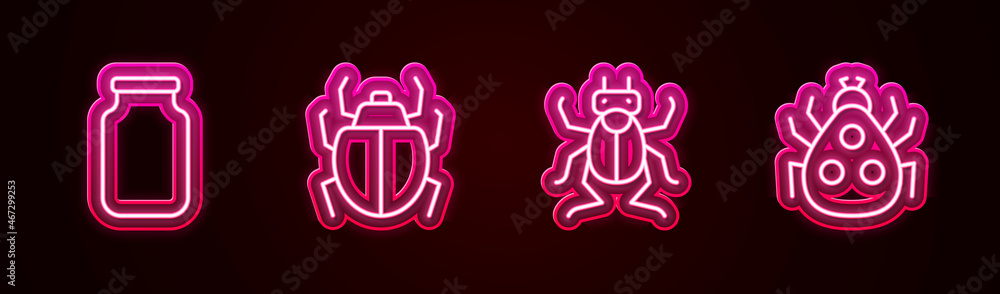 Set line Glass jar, Mite, Beetle bug and Ladybug. Glowing neon icon. Vector Set line Glass jar, Mite, Beetle bug and Ladybug. Glowing neon icon. Vector