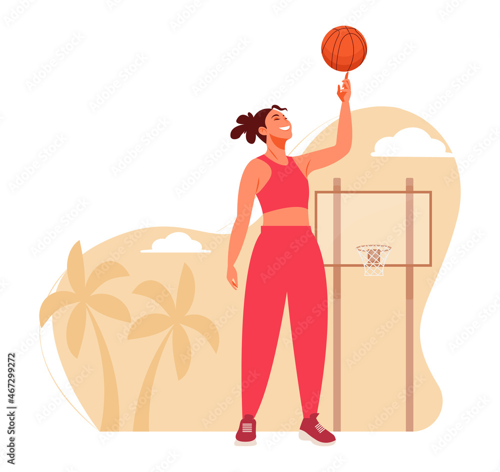 A cute smiling basketball player - a girl or woman in sportswear standing  on a basketball court next to a basket and spinning a basqueball on her  finger. Sports vector illustration. Stock