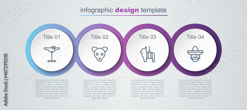 Set line Margarita cocktail, Dog, Pinata and Mexican man sombrero. Business infographic template. Vector