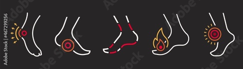 Foot inflammation, pain, angriness sign. Editable vector illustration