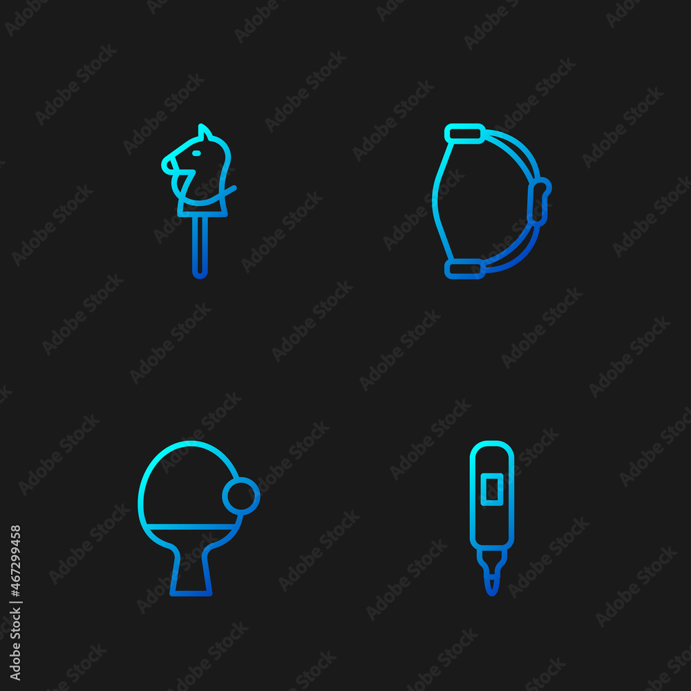 Set line Marker pen, Racket and ball, Toy horse and Bow toy. Gradient color icons. Vector Set line Marker pen, Racket and ball, Toy horse and Bow toy. Gradient color icons. Vector