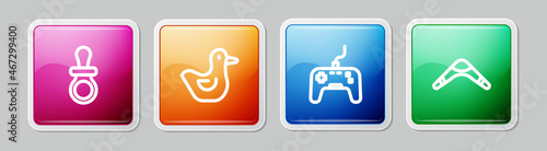 Set line Baby dummy pacifier, Rubber duck, Gamepad and Boomerang. Colorful square button. Vector
