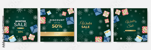 Winter Christmas end year sale sale social media greeting cards. Trendy abstract square Winter Holidays art templates. Suitable for social media post, mobile apps, banner design and web/internet ads.