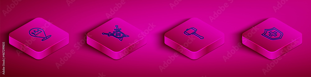 Set Isometric line Location king crown, Medieval shield with swords, Hammer and Shield icon. Vector Set Isometric line Location king crown, Medieval shield with swords, Hammer and Shield icon. Vector
