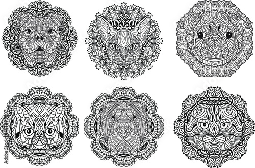 Vector coloring set pets. Coloring Book for adults. Colouring pictures with animals. Antistress freehand sketch drawing with doodle and zentangle elements. Tatoo.