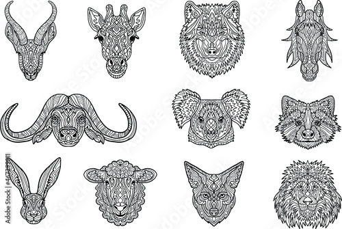 Set of wild animals. Coloring Book for adults. Colouring pictures with animals. Tatoo. Antistress freehand sketch drawing with doodle and zentangle elements.