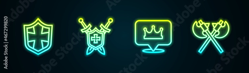 Set line Shield, Medieval shield with swords, Location king crown and Crossed medieval axes. Glowing neon icon. Vector