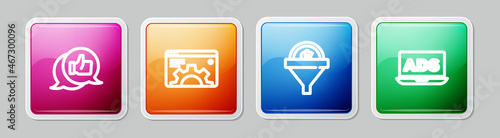 Set line Customer product rating, Browser setting, Lead management and Advertising. Colorful square button. Vector