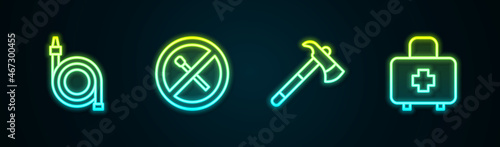 Set line Fire hose reel, No fire match, Firefighter axe and First aid kit. Glowing neon icon. Vector