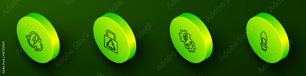 Set Isometric line Battery with recycle, Paper bag, Leaf plant in gear machine and Light bulb icon. Vector Set Isometric line Battery with recycle, Paper bag, Leaf plant in gear machine and Light bulb icon. Vector