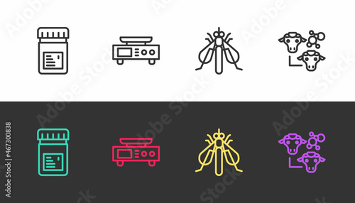 Set line Jar with additives, Electronic scales, Experimental insect and Cloning on black and white. Vector