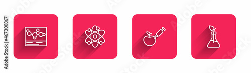 Set line Chemical formula, Atom, Genetically modified apple and Plant breeding with long shadow. Red square button. Vector