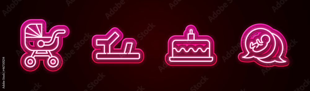 Set line Baby stroller, shoes, Cake with burning candles and . Glowing neon icon. Vector Set line Baby stroller, shoes, Cake with burning candles and . Glowing neon icon. Vector