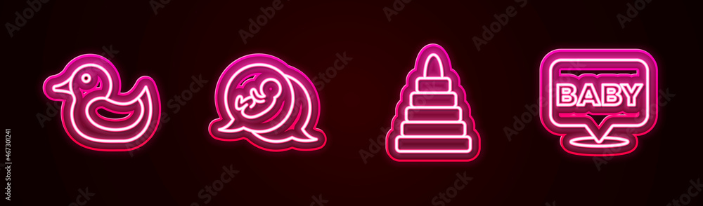 Set line Rubber duck, Baby, Pyramid toy and . Glowing neon icon. Vector Set line Rubber duck, Baby, Pyramid toy and . Glowing neon icon. Vector