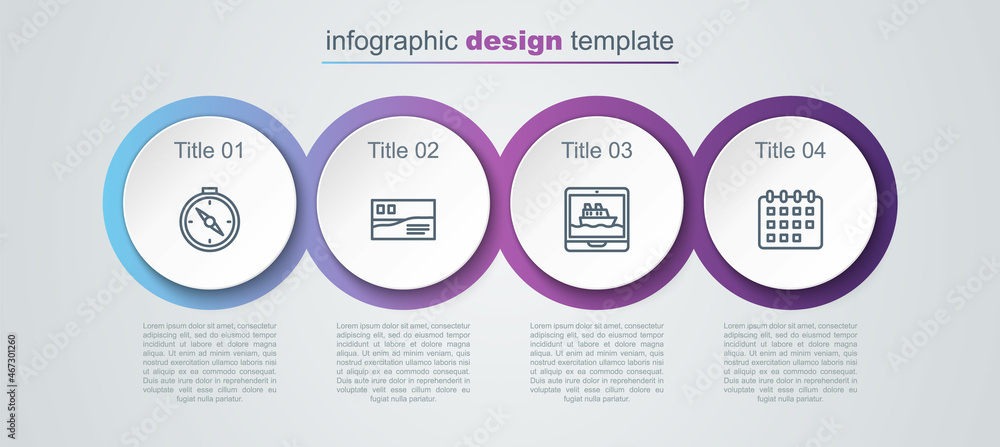 Set line Compass, Postcard travel, Cruise ship and Calendar. Business infographic template. Vector Set line Compass, Postcard travel, Cruise ship and Calendar. Business infographic template. Vector