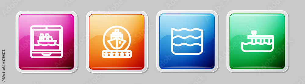 Set line Cruise ship, , Wave and Beach pier dock. Colorful square button. Vector